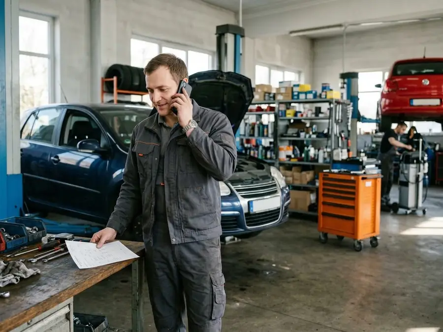 Mechaniker telefoniert in der Werkstatt mit einer Kundin