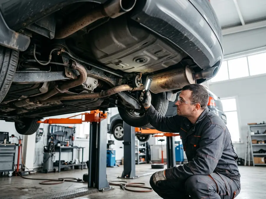 Mechaniker prüft den Auspuff eines Autos auf der Hebebühne