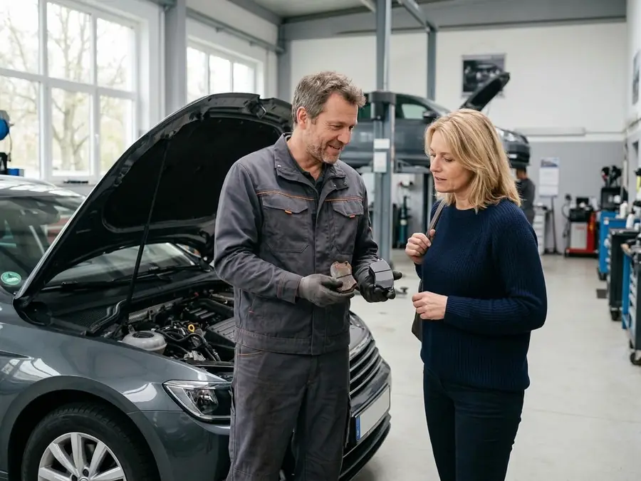 Mechaniker zeigt einer Kundin einen abgefahrenen Bremsbelag