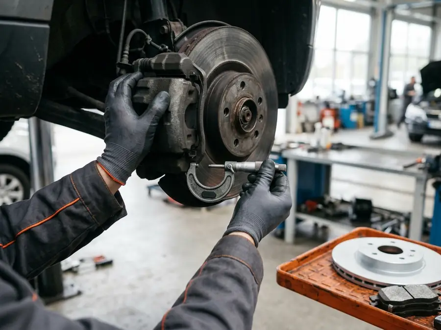 Mechaniker misst die Stärke einer Bremsscheibe