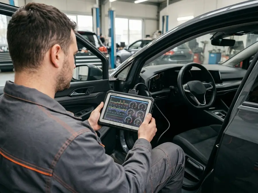 Mechaniker liest mit einem Diagnosegerät den Fehlerspeicher aus