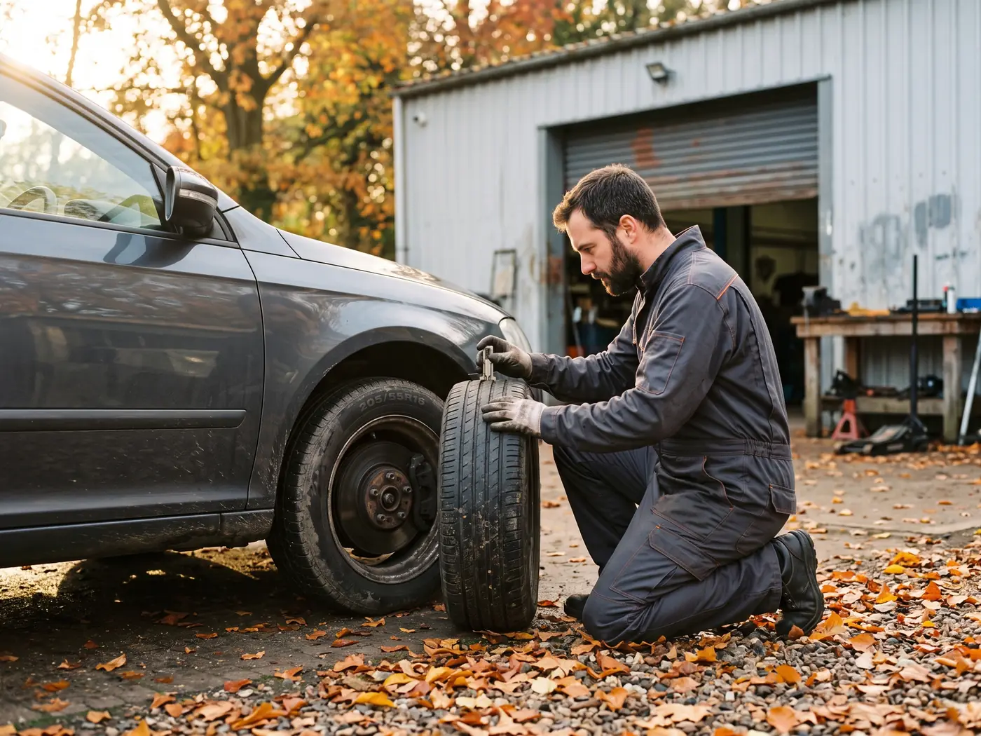 Mechaniker misst im Herbstlaub die Profiltiefe eines Reifens