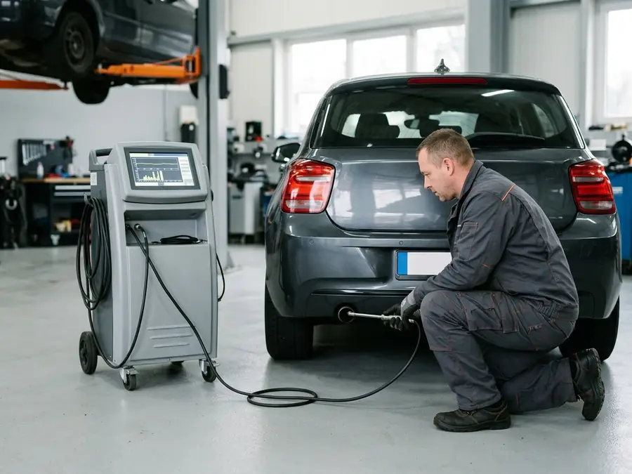 Abgasuntersuchung mit Messgerät am Auspuff eines Autos