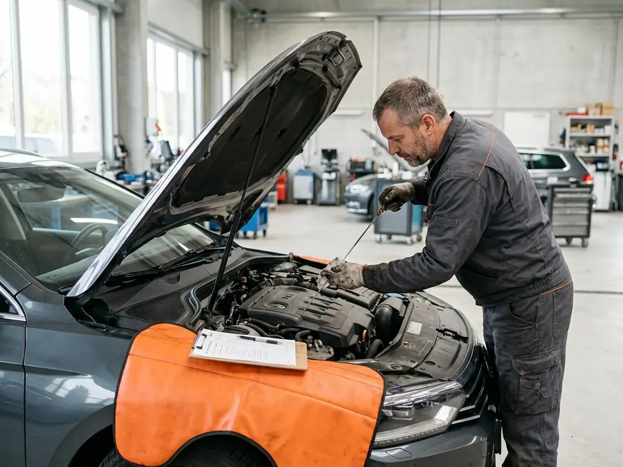 Mechaniker prüft bei einer Inspektion den Ölstand im Motorraum