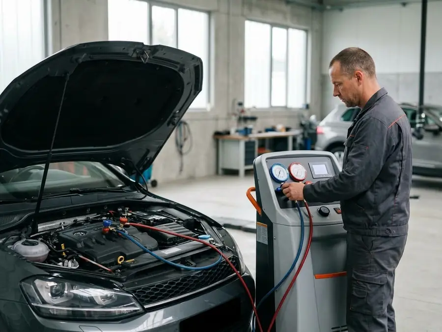 Klimaservice-Gerät ist an die Klimaanlage eines Autos angeschlossen