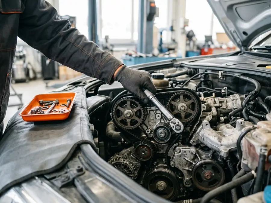 Mechaniker zieht am offenen Zahnriemen eine Schraube mit dem Drehmomentschlüssel an