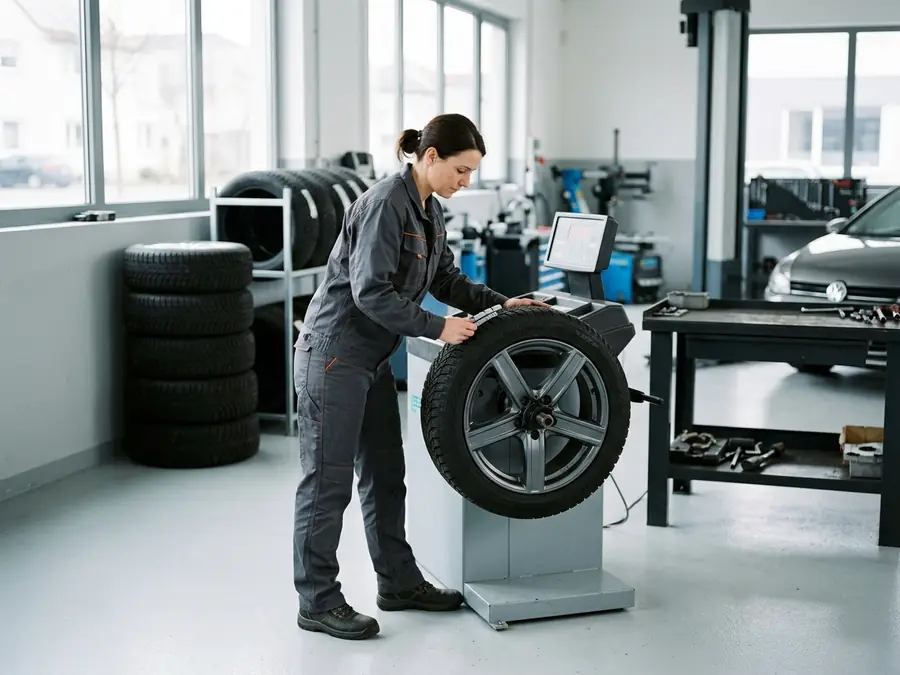 Mechanikerin wuchtet ein Rad an der Auswuchtmaschine