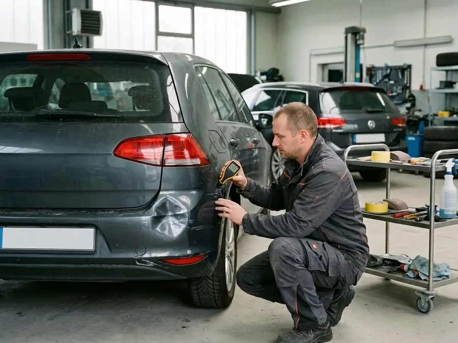 Mechaniker prüft einen Blechschaden am Heck eines Autos